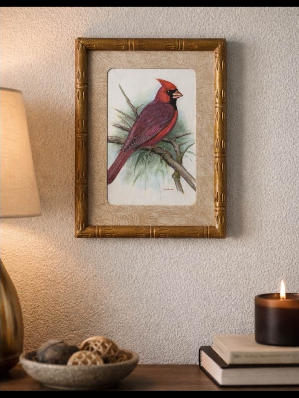 Vintage PH Gonner Cardinal Lithograph in Gilded Bamboo Frame